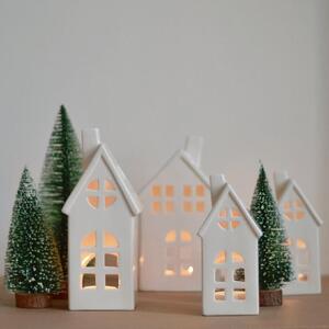 Bílý keramický domek s dvířky a LED osvětlením 10 cm