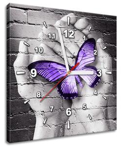 Obraz s hodinami Fialový motýl na dlaních Rozměry: 30 x 30 cm