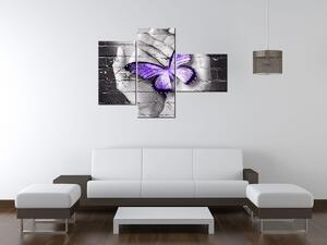 Obraz s hodinami Fialový motýl na dlaních - 3 dílný Rozměry: 80 x 40 cm