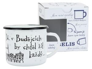 BELIS Smaltovaný hrnek 8 cm/0,35l, bílý "ČB/město" v krabičce