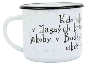 BELIS Smaltovaný hrnek ø 8 cm - 0.35 l bílý "masné krámy" v krabičce - ČESKÝ PLECHÁČEK - 11008-039PHM04
