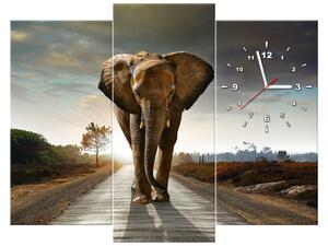 Obraz s hodinami Osamělý silný slon - 3 dílný Rozměry: 30 x 90 cm