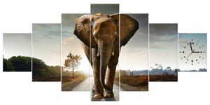 Obraz s hodinami Osamělý silný slon - 7 dílný Rozměry: 160 x 70 cm