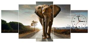 Obraz s hodinami Osamělý silný slon - 5 dílný Rozměry: 150 x 105 cm