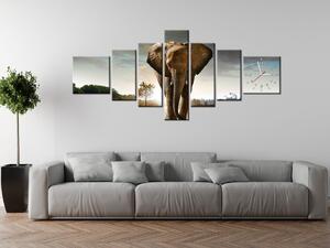 Obraz s hodinami Osamělý silný slon - 7 dílný Rozměry: 160 x 70 cm