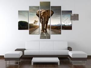 Obraz s hodinami Osamělý silný slon - 5 dílný Rozměry: 150 x 70 cm