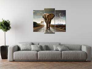 Obraz s hodinami Osamělý silný slon - 3 dílný Rozměry: 90 x 70 cm