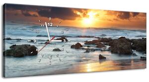 Obraz s hodinami Západ slunce nad oceánem Rozměry: 100 x 40 cm