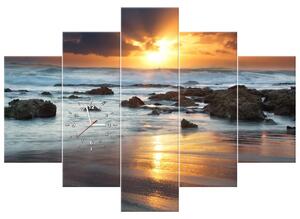 Obraz s hodinami Západ slunce nad oceánem - 5 dílný Rozměry: 150 x 105 cm