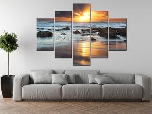 Obraz s hodinami Západ slunce nad oceánem - 5 dílný Rozměry: 150 x 70 cm