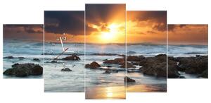 Obraz s hodinami Západ slunce nad oceánem - 5 dílný Rozměry: 150 x 70 cm