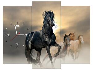 Gario 3 dílný obraz s hodinami Nádherný černý kůň Velikost: 90 x 70 cm
