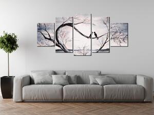 Obraz s hodinami Ptačí láska na větvi - 5 dílný Rozměry: 150 x 70 cm