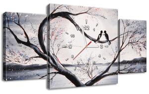 Obraz s hodinami Ptačí láska na větvi - 3 dílný Rozměry: 80 x 40 cm