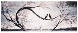 Obraz s hodinami Ptačí láska na větvi Rozměry: 100 x 40 cm