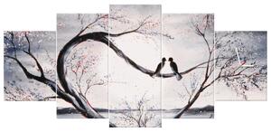 Obraz s hodinami Ptačí láska na větvi - 5 dílný Rozměry: 150 x 70 cm