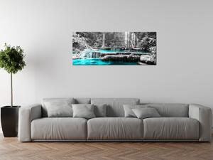 Obraz s hodinami Modrý vodopád v džungli Rozměry: 100 x 40 cm