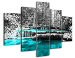 Obraz s hodinami Modrý vodopád v džungli - 5 dílný Rozměry: 150 x 105 cm