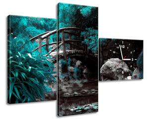 Obraz s hodinami Tyrkysová Japonská zahrada - 3 dílný Rozměry: 100 x 70 cm