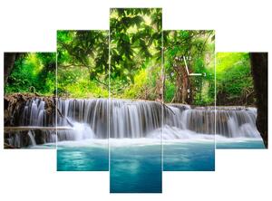 Obraz s hodinami Čirý vodopád v džungli - 5 dílný Rozměry: 150 x 105 cm