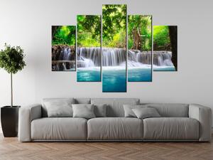 Obraz s hodinami Čirý vodopád v džungli - 5 dílný Rozměry: 150 x 105 cm