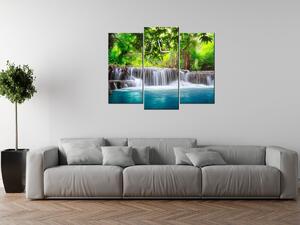 Obraz s hodinami Čirý vodopád v džungli - 3 dílný Rozměry: 90 x 70 cm