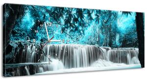 Obraz s hodinami Vodopád v modré džungli Velikost: 100 x 40 cm