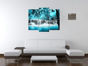 Obraz s hodinami Vodopád v modré džungli - 3 dílný Rozměry: 90 x 70 cm