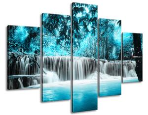 Obraz s hodinami Vodopád v modré džungli - 5 dílný Rozměry: 150 x 105 cm