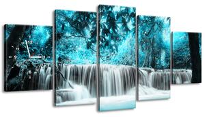 Obraz s hodinami Vodopád v modré džungli - 5 dílný Rozměry: 150 x 70 cm