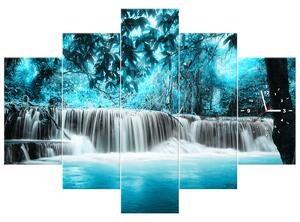 Obraz s hodinami Vodopád v modré džungli - 5 dílný Rozměry: 150 x 105 cm