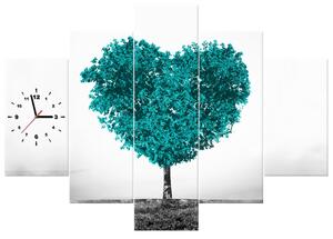 Obraz s hodinami Tyrkysový strom lásky - 5 dílný Rozměry: 150 x 105 cm