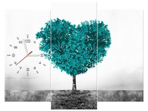 Obraz s hodinami Tyrkysový strom lásky - 3 dílný Rozměry: 100 x 70 cm