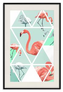 Plakát Geometrické plamenáci - růžoví ptáci a trojúhelníky v odstínech zelené