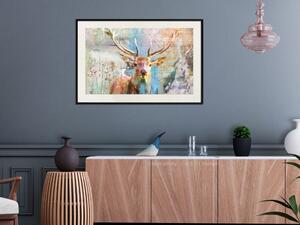Plakát Jelen na dřevě - abstrakce s lesní zvěří a nápisy v pozadí
