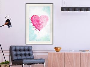 Plakát Akvarelová láska - kompozice s růžovým srdcem na modrém pozadí