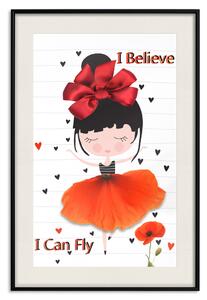 Plakát Věřím, že umím létat - dívka v šatech s mákem a anglickým nápisem
