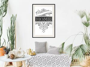 Plakát Domov - černobílá kompozice s nápisem 'domov' a dekorativními ornamenty