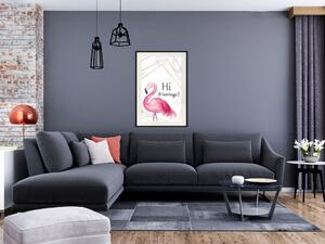 Plakát Ahoj plameňáku! - geometrická kompozice s růžovým ptákem a texty