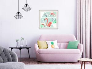 Plakát Geometrické plameňáci - čtverec - kompozice s růžovými ptáky a trojúhelníky