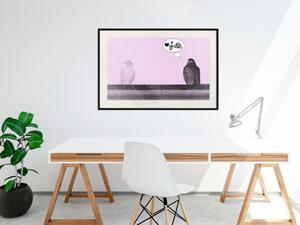 Plakát Námluvy - vtipný bublifuk a sedící holubi na růžovém pozadí