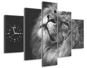 Obraz s hodinami Stříbrný lev - 5 dílný Rozměry: 150 x 105 cm