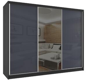 Šatní skříň 232 cm Belini černý mat / šedý lesk s posuvnými dveřmi a zrcadlem BM SZP4/2/B/WI/2S1L/HI