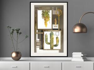 Plakát Tropické rostliny - kaktus a listy na pozadí geometrické abstrakce