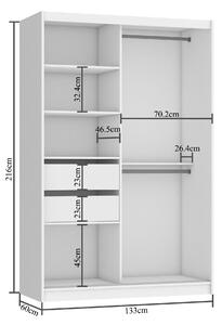 Šatní skříň 133 cm Belini bílý mat / dub sonoma s posuvnými dveřmi zrcadlem a zásuvkami ME SZP6/1/W/DS/0/KLAL