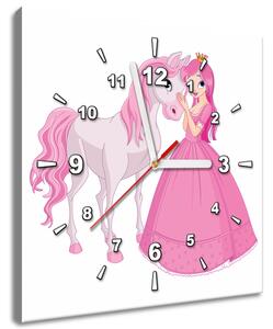 Obraz s hodinami Princezna s růžovým koníkem Velikost: 30 x 30 cm