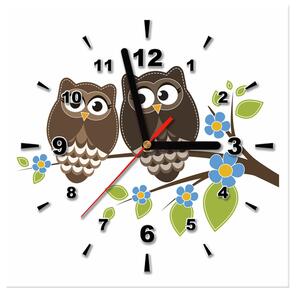Obraz s hodinami Hnědé sovičky na větvi Rozměry: 30 x 30 cm