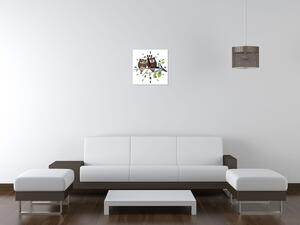 Obraz s hodinami Hnědé sovičky na větvi Rozměry: 30 x 30 cm