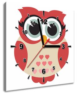 Obraz s hodinami Červeno-hnědá sovička se srdíčky Velikost: 30 x 30 cm