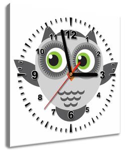 Obraz s hodinami Šedá sovička se zelenými očky Velikost: 30 x 30 cm